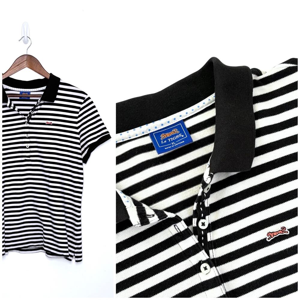Y2K Le Tigre Striped Polo Shirt Women XL Black White Cap Sleeve Pique Fitted